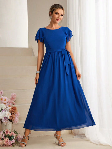 Solid Flutter Sleeve Belted Bridesmaid Dress