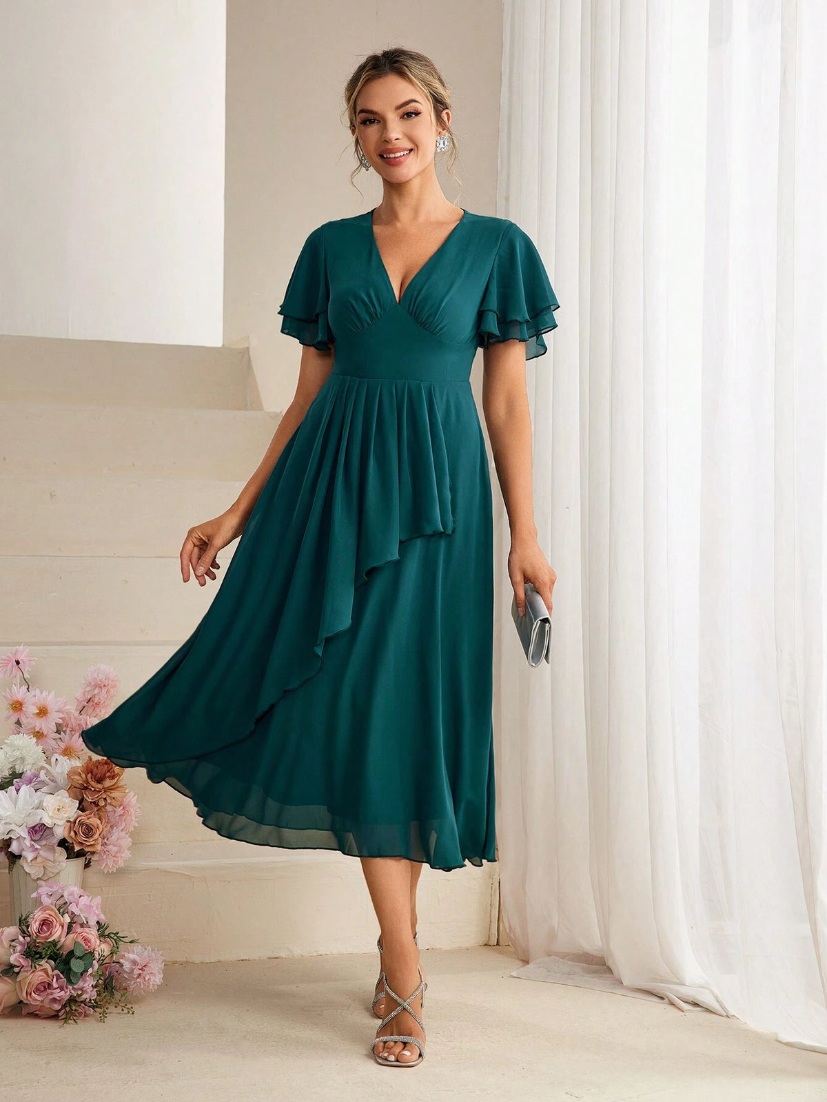 Solid Flutter Sleeve Flare Hem Bridesmaid Dress