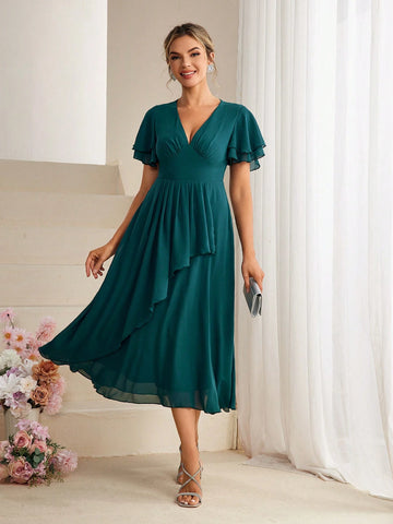 Solid Flutter Sleeve Flare Hem Bridesmaid Dress