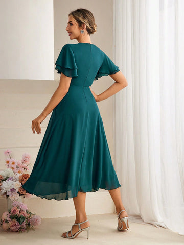 Solid Flutter Sleeve Flare Hem Bridesmaid Dress