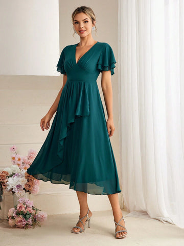 Solid Flutter Sleeve Flare Hem Bridesmaid Dress