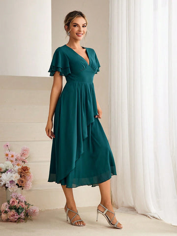 Solid Flutter Sleeve Flare Hem Bridesmaid Dress