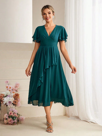 Solid Flutter Sleeve Flare Hem Bridesmaid Dress