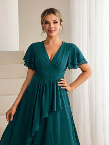 Solid Flutter Sleeve Flare Hem Bridesmaid Dress