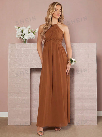 Solid Halter Neck Backless Maxi Dress