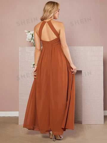 Solid Halter Neck Backless Maxi Dress