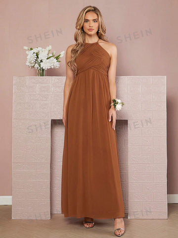 Solid Halter Neck Backless Maxi Dress