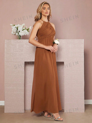 Solid Halter Neck Backless Maxi Dress