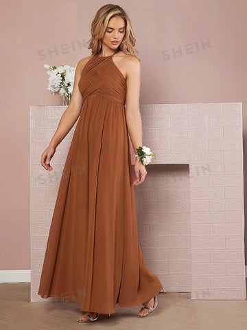 Solid Halter Neck Backless Maxi Dress
