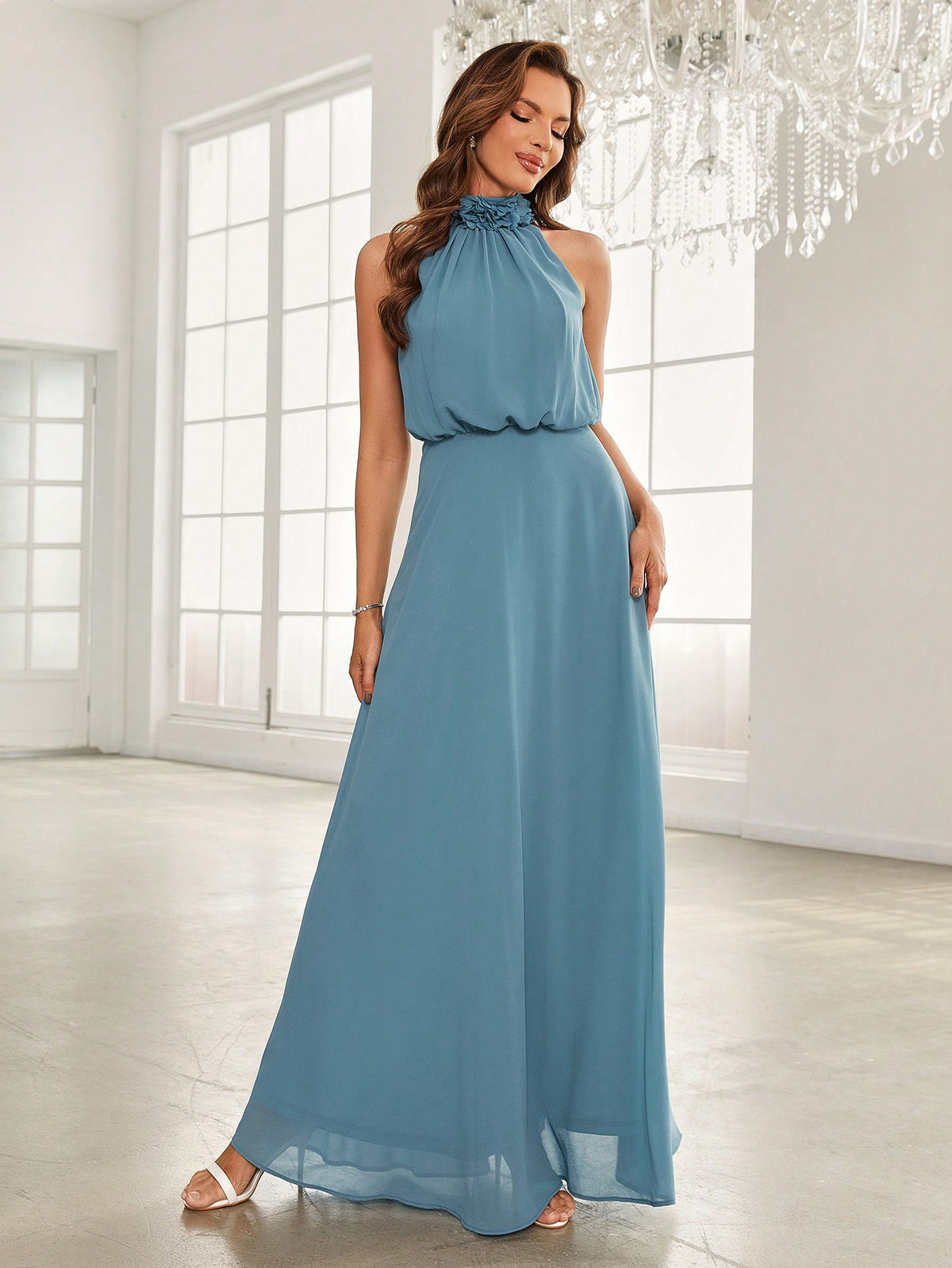 Solid Halter Neck Chiffon Bridesmaid Dress