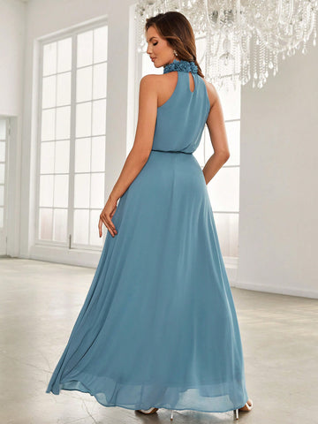 Solid Halter Neck Chiffon Bridesmaid Dress