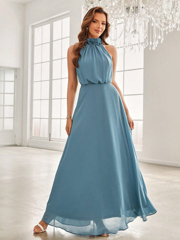 Solid Halter Neck Chiffon Bridesmaid Dress
