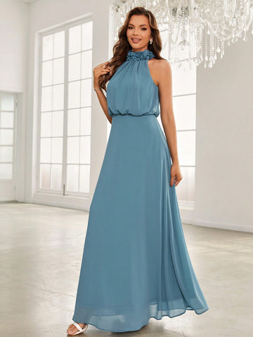 Solid Halter Neck Chiffon Bridesmaid Dress
