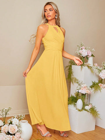 Solid Keyhole Neckline Cross Wrap Front Bridesmaid Dress