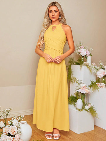 Solid Keyhole Neckline Cross Wrap Front Bridesmaid Dress