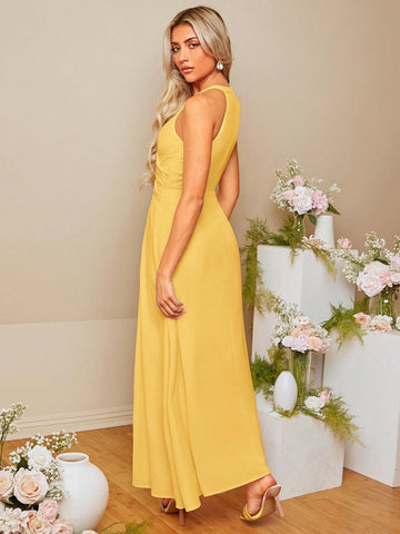 Solid Keyhole Neckline Cross Wrap Front Bridesmaid Dress