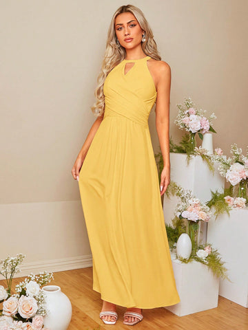 Solid Keyhole Neckline Cross Wrap Front Bridesmaid Dress