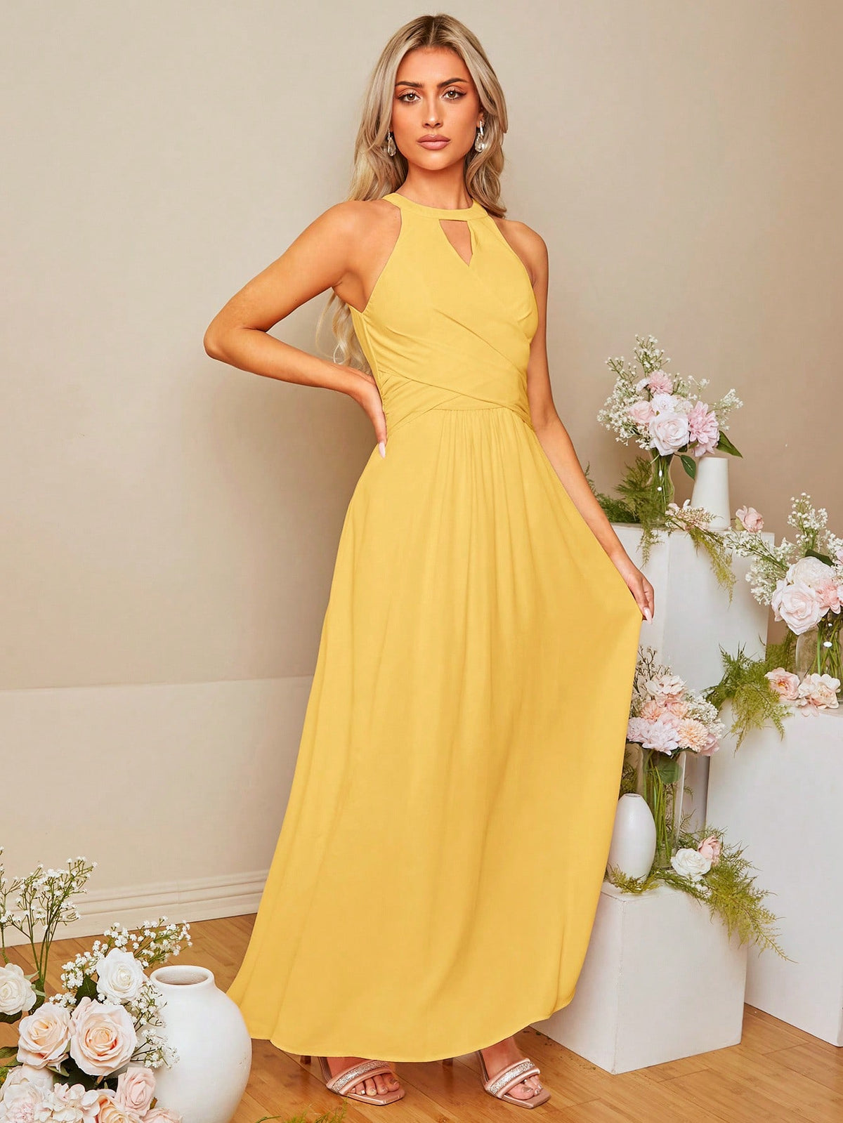 Solid Keyhole Neckline Cross Wrap Front Bridesmaid Dress