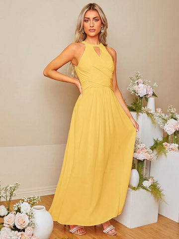 Solid Keyhole Neckline Cross Wrap Front Bridesmaid Dress