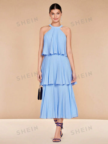 Solid Pleated Halter Neck Bridesmaid Dress