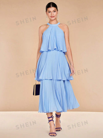 Solid Pleated Halter Neck Bridesmaid Dress