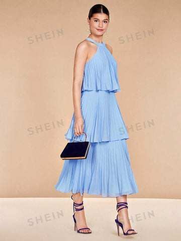 Solid Pleated Halter Neck Bridesmaid Dress