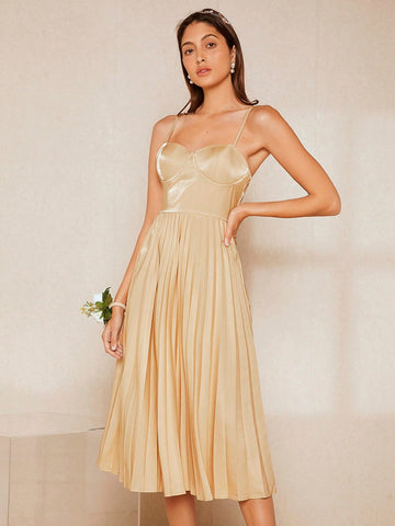 Solid Pleated Hem Cami Bridesmaid Dress
