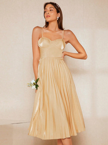 Solid Pleated Hem Cami Bridesmaid Dress