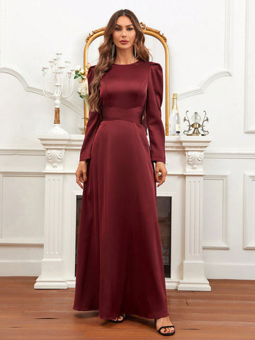Solid Puff Sleeve Bridesmaid Dress