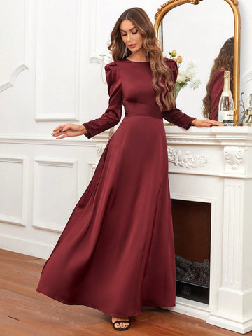 Solid Puff Sleeve Bridesmaid Dress