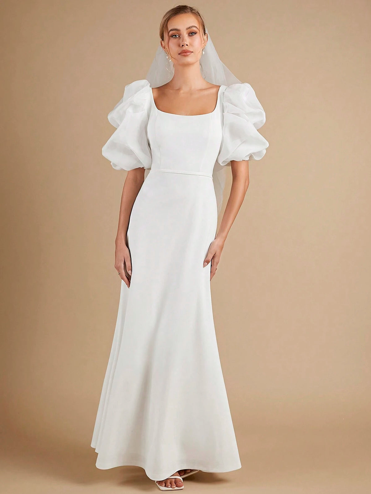 Solid Puff Sleeve Mermaid Hem Wedding Dress Without Veil