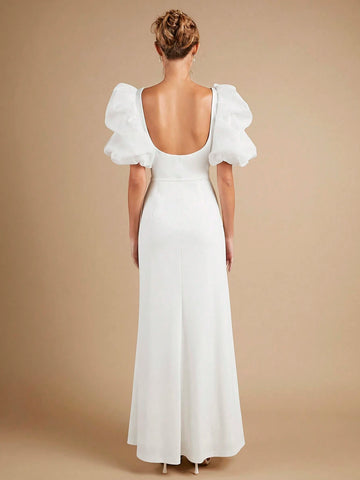 Solid Puff Sleeve Mermaid Hem Wedding Dress Without Veil