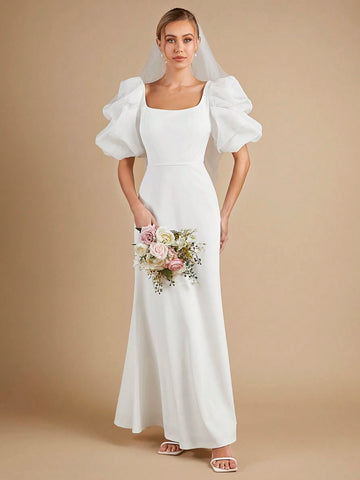 Solid Puff Sleeve Mermaid Hem Wedding Dress Without Veil