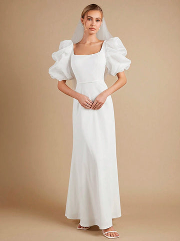 Solid Puff Sleeve Mermaid Hem Wedding Dress Without Veil