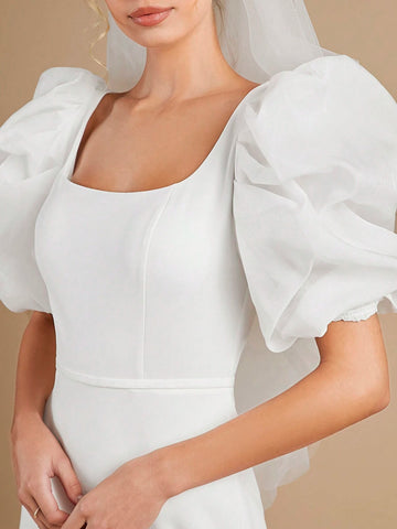 Solid Puff Sleeve Mermaid Hem Wedding Dress Without Veil