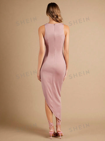 Solid Ruched Asymmetrical Hem Bridesmaid Dress