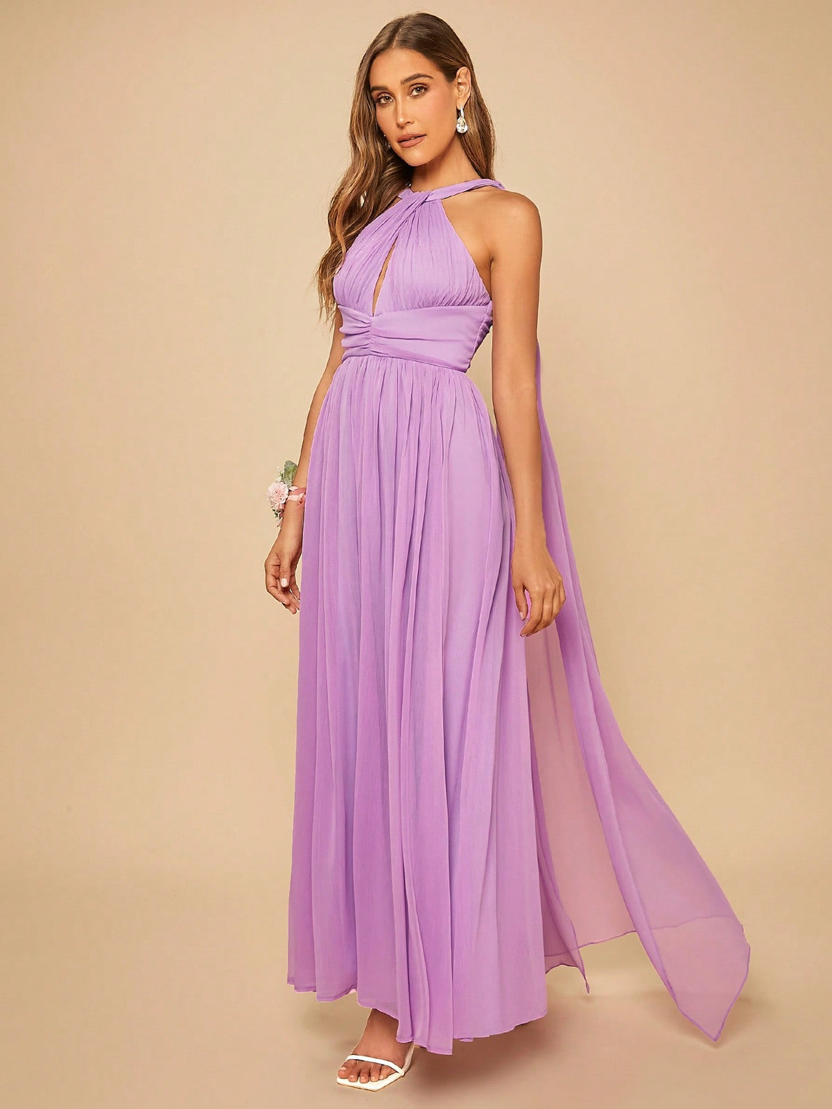 Solid Ruched Waist Twist Halter Bridesmaid Dress