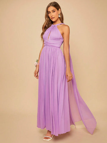 Solid Ruched Waist Twist Halter Bridesmaid Dress