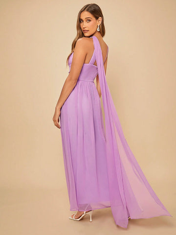 Solid Ruched Waist Twist Halter Bridesmaid Dress