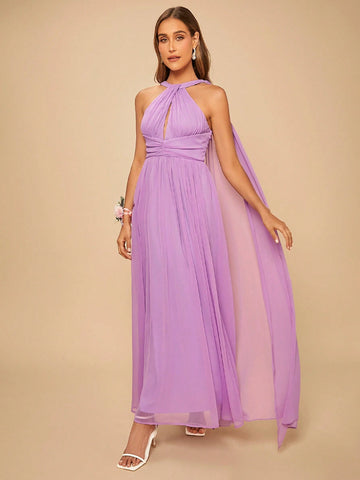 Solid Ruched Waist Twist Halter Bridesmaid Dress