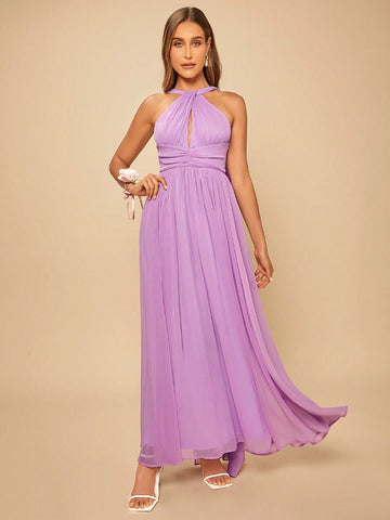 Solid Ruched Waist Twist Halter Bridesmaid Dress
