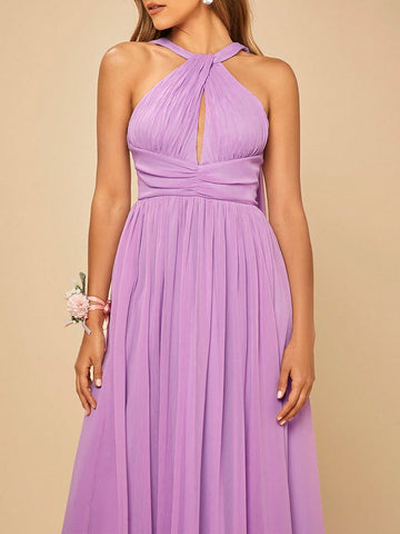 Solid Ruched Waist Twist Halter Bridesmaid Dress