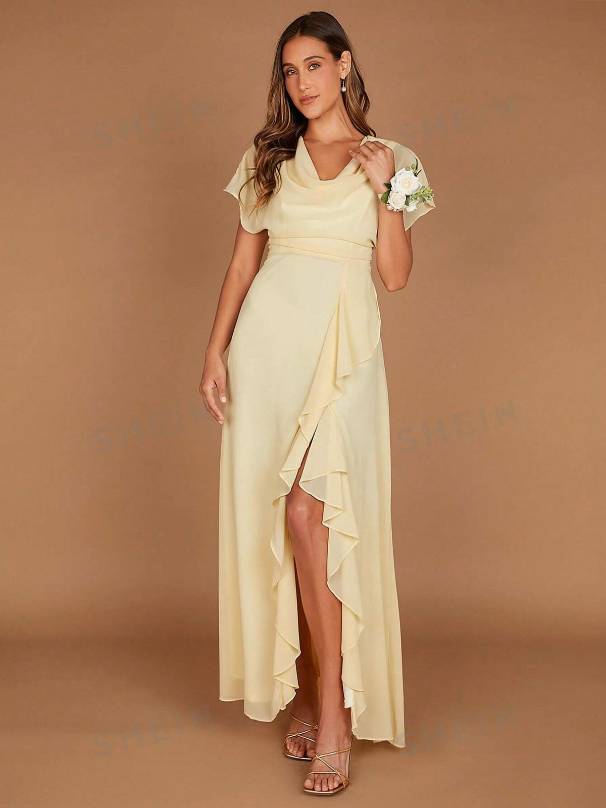 Solid Ruffle Trim Draped Detail Chiffon Maxi Bridesmaid Dress