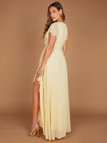 Solid Ruffle Trim Draped Detail Chiffon Maxi Bridesmaid Dress