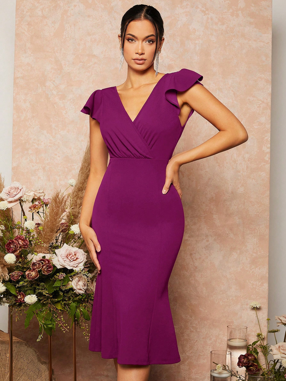 Solid Ruffle Trim Mermaid Hem Bridesmaid Dress
