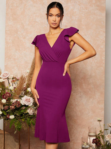 Solid Ruffle Trim Mermaid Hem Bridesmaid Dress