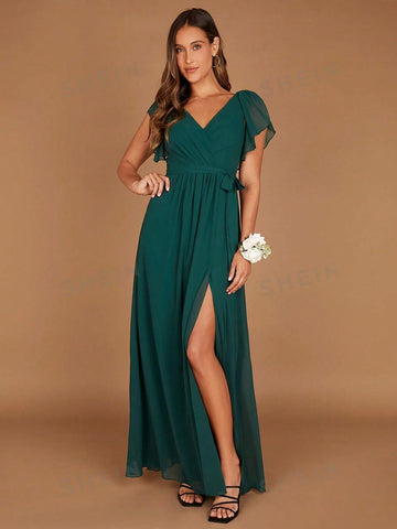 Solid Split Thigh Belted Bridesmaid Dress