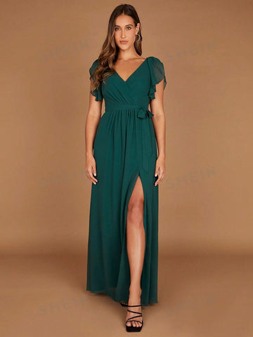 Solid Split Thigh Belted Bridesmaid Dress