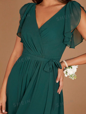Solid Split Thigh Belted Bridesmaid Dress