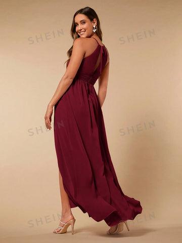 Solid Split Thigh Halter Bridesmaid Dress
